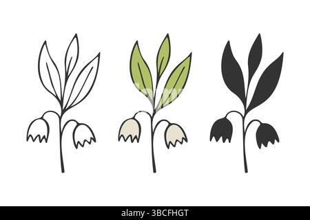 Lilien aus dem Tal Convallaria Blumen Set, Doodle Handzeichnung, Kontur und Silhouette, Icon Logo Label. Isoliert auf weißem Hintergrund. Vektorillustrat Stock Vektor