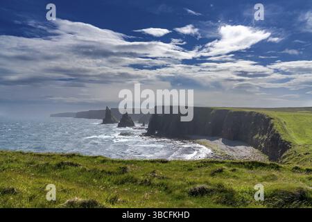 Ein Blick auf die Duncansby Sea Stacks und die wilde und zerklüftete Küste von Caithness in den schottischen Highlands Stockfoto