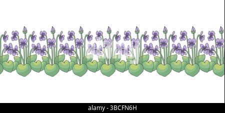 Streifenmuster mit Linienart kanarische Inseln Blumen blau-violett. Nahtloser Blumenrand mit handgezeichnetem Millefleur Stock Vektor