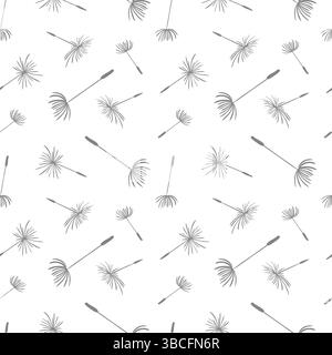 Dieses nahtlose Muster zeigt zarte fliegende Löwenzahnsamen in einem fesselnden Design. Das Design zeigt ein skurriles und luftiges Gefühl, perfekt für Werbung Stock Vektor