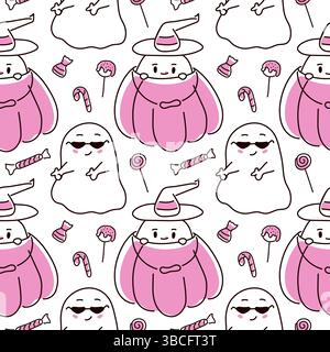 Nahtloses Halloween-Muster mit niedlichem Geist und Süßigkeiten in rosa Farbe im Line Art Stil. Perfekt für Kinder, Urlaubsverpackungen, Partydekor und Stock Vektor