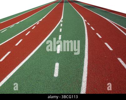 Eine Laufbahn in einem Stadion mit Markierungen in weiß, rot und grün Stockfoto