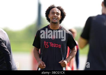Joshua Zirkzee von Manchester United während eines Trainings im Carrington Training Centre in Manchester. Bilddatum: Dienstag, 20. Mai 2025. Stockfoto