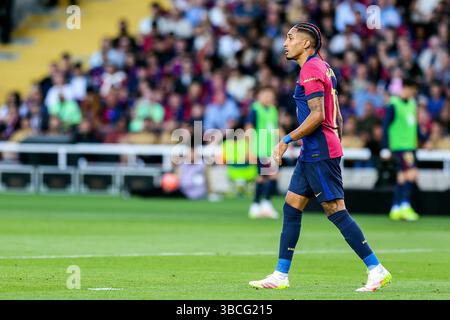 Barcelona, Spanien. Mai 2025. Raphinha (11) vom FC Barcelona wurde während des Spiels der LaLiga zwischen dem FC Barcelona und Villarreal im Estadio Olimpico de Montjuic in Barcelona gesehen. Stockfoto