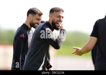 Noussair Mazraoui von Manchester United während eines Trainings im Carrington Training Centre in Manchester. Bilddatum: Dienstag, 20. Mai 2025. Stockfoto