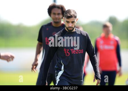 Bruno Fernandes von Manchester United während eines Trainings im Carrington Training Centre in Manchester. Bilddatum: Dienstag, 20. Mai 2025. Stockfoto