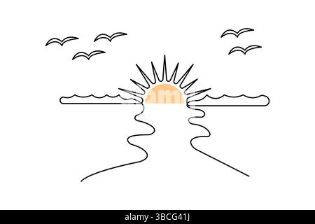 Sonnenuntergang und Wolke durchgehende einzeilige Zeichnung mit minimalistischem Konturvektordesign Stock Vektor