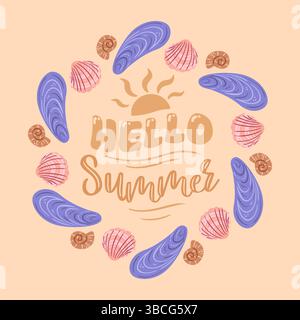 Eine malerische Vektor-Illustration mit den Worten Hello Summer wunderschön in den Sand geschrieben, begleitet von einer Vielzahl von Muscheln, die verstreut sind Stock Vektor