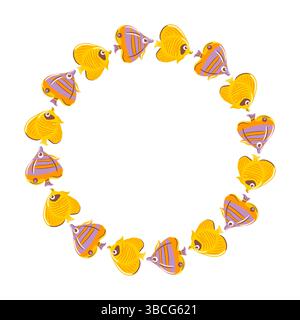 Eine lebendige und skurrile Vektor-Illustration mit einer Vielzahl von bunten Fischen, die anmutig in einer kreisförmigen Form schwimmen. Jeder Fisch hat ein einzigartiges Angebot Stock Vektor