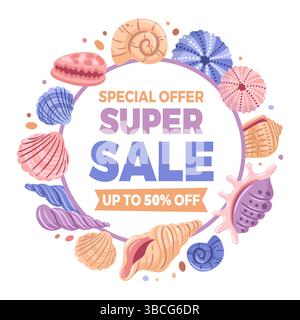 Ein lebhaftes Sommer-Werbebanner mit farbenfrohen Muscheln, das an den Strand und die Wärme der Saison erinnert. Perfekt, um die Aufmerksamkeit auf den Vertrieb zu lenken Stock Vektor
