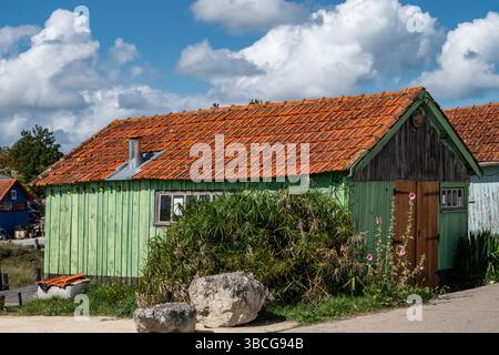 Farbenfroh bemalte Fischerhütten aus Holz, Le Chateau-d'Oleron, Oleron Island, Charente Maritime, Nouvelle-Aquitaine, Frankreich Stockfoto