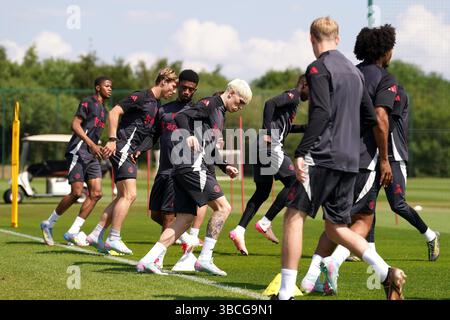 Manchester United Spieler während eines Trainings im Carrington Training Centre, Manchester. Bilddatum: Dienstag, 20. Mai 2025. Stockfoto