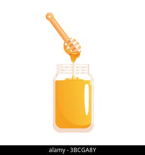 Eine fesselnde Illustration, in der Honig aus einem hölzernen Honiglöffel in ein Glas tropft. Die goldene Flüssigkeit glitzert und zeigt sein reiches Textu Stock Vektor