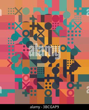 Abstrakter geometrischer Hintergrund mit überlappenden Formen: Kreise, Quadrate, Punkte und Kreuze Stock Vektor