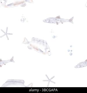 Meer- und Flussfische schwimmen um die Seesterne. Aquarellabbildung. Nahtloses Muster. Luftblasen in der Unterwasserwelt, Schwärme beiger Fische Stockfoto