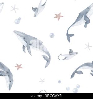 Ein Buckelwal und ein Stachelrochen schwimmen in der Unterwasserwelt des Ozeans. Aquarellabbildung. Nahtloses Muster. Seesterne und Algen von der Stockfoto