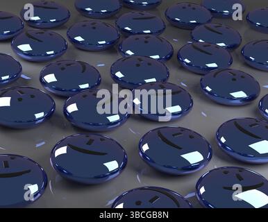 Viele glänzende blaue Knöpfe mit einem lächelnden Gesicht, Glück Konzept 3D-Rendering Stockfoto