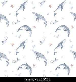 Ein Buckelwal und ein Stachelrochen schwimmen in der Unterwasserwelt des Ozeans. Aquarellabbildung. Nahtloses Muster. Seesterne und Algen von der Stockfoto