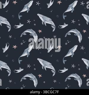 Ein Buckelwal und ein Stachelrochen schwimmen in der Unterwasserwelt des Ozeans. Aquarellabbildung. Nahtloses Muster. Seesterne und Algen von der Stockfoto