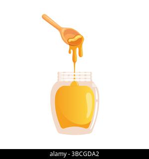 Eine fesselnde Vektor-Illustration von Honig, der von einem Holzlöffel in ein Glas tropft. Die üppige goldene Flüssigkeit kaskadiert anmutig und hebt die hervor Stock Vektor