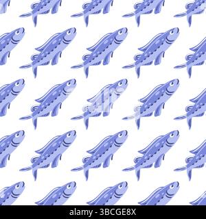 Nahtloses symmetrisches diagonales Muster zeigt eine Vielzahl von blauen Fischen. Das Design fängt das Wesen des Meereslebens ein und eignet sich perfekt für Projekte mit Wasserthemen Stock Vektor