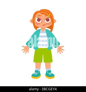 Ein Mädchen mit rotem Haar, gekleidet in einer blauen Jacke, gestreiftem Hemd, grünen Shorts und blauen Schuhen, steht mit einem unzufriedenen wütenden Ausdruck auf ihrem Gesicht. Stock Vektor