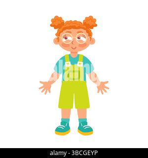 Eine bezaubernde Vektor-Illustration eines fröhlichen Zeichentrickmädchens mit rotem Haar, das Brillen trägt. Sie trägt ein blaues Hemd und einen grünen Overall Stock Vektor