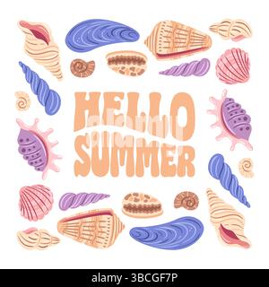 Eine lebendige Vektor-Illustration mit einer Vielzahl von bunten Muscheln und Meeresbewohnern, die um den Text HELLO SUMMER angeordnet sind, um die Freuden zu feiern Stock Vektor