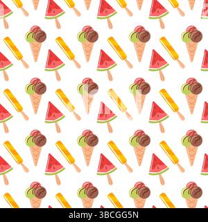 Ein nahtloses Muster mit bunten Eiskegeln mit Wassermelone und verschiedenen fruchtigen Aromen. Dieses lebendige Design fängt das Wesen des Sommers ein Stock Vektor