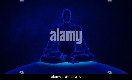 Chakra Meditation Silhouette mit glühenden Energiezentren Stockfoto