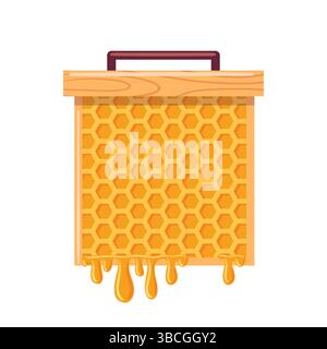 Eine detaillierte Vektor-Illustration eines Wabenrahmens mit komplizierten sechseckigen Formen gefüllt mit goldenem Honig. Das Design unterstreicht das natürliche Stock Vektor