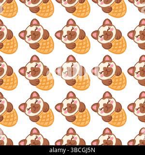 Ein nahtloses Muster mit bezaubernden Gesichtern von Kawaii-Kätzchen in Eiskegeln. Dieses niedliche Design verleiht Babyprodukten oder lustigen Dekorationen einen verspielten Touch. Stock Vektor