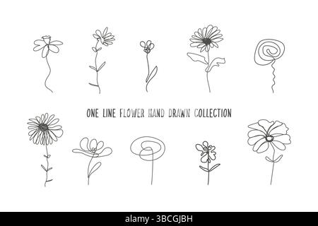 One Line Art Blume Vektor Kollektion - handgezeichnetes Design. Schöne Umrisse blühende elegante Skizzen-Set mit niedlichen Pflanzen. Einzeilig mit Blumenmuster Stock Vektor