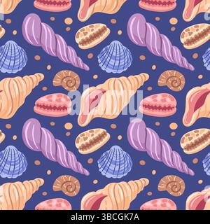 Dieses nahtlose Muster zeigt eine reizvolle Auswahl an Muscheln in verschiedenen Formen und Größen. Mit sanften Farben und komplexen Details erinnert er an einen Strand Stock Vektor