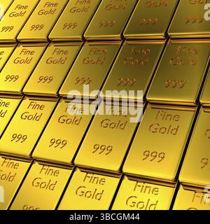 Gestapelte Goldbarren in einer Reihe, Finanzkonzept Hintergrund, 3D-Rendering Stockfoto