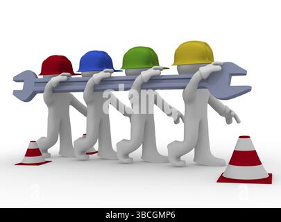 Vier Bauarbeiter mit verschiedenen Farben mit einem wrech, Service Konzept, 3D-Rendering Stockfoto