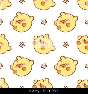 Ein nahtloses Muster mit bezaubernden gelben Kawaii-Küken, jede mit charmanten Ausdrücken und verspielten Posen, umgeben von bunten Eiern und Blumen Stock Vektor