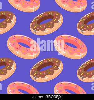 Dieses nahtlose Muster zeigt leuchtende Donut-förmige Schwimmbecken mit pinkfarbenen und Schokoladenglasuren, die für eine lustige und verspielte Atmosphäre sorgen. Perfekt für Su Stock Vektor