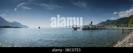 Schweiz - 31. Mai 2019: Panoramablick auf das historische Dampfschiff Stockfoto