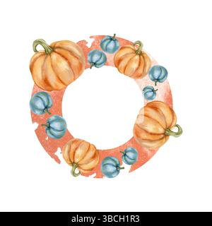 Herbstsaison Aquarellkranz mit orangefarbenen und blauen Kürbissen Illustration. Handgezeichnete runde Rahmenschablone mit Ernte- und Thanksgiving-Elementen für Stockfoto