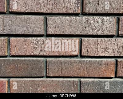 Eine Nahaufnahme einer roten Ziegelwand, die ihre rustikale Textur zeigt. Die unterschiedlichen Rot- und Brauntöne schaffen einen optisch ansprechenden Hintergrund Stockfoto