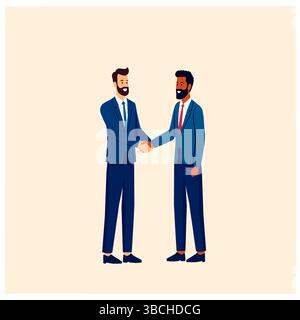 Vektor-Illustration von zwei Geschäftsmännern, die Hände schütteln. Sie stellt eine Vereinbarung, Zusammenarbeit oder den Abschluss eines Geschäfts dar. Flacher Stil, heller Hintergrund, ideal für Stock Vektor
