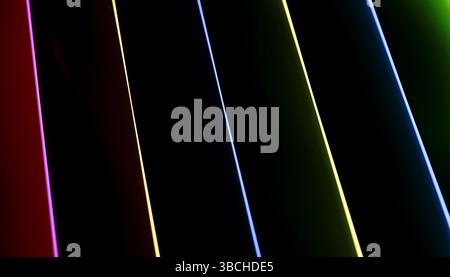 Abstraktes Bild von bunten, diagonalen Lichtstrahlen auf dunklem Hintergrund. Abbildung, 3D-Rendering der Kombination Stockfoto