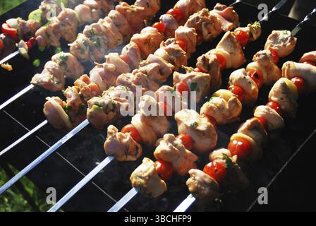 Gegrilltes Fleisch auf Metallspießen, das auf einer Kohle kocht Stockfoto