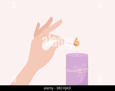 Eine Kerze mit einem brennenden Streichholz von Hand anzünden. Illustration des flachen Vektors Stock Vektor