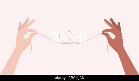 Hände von Menschen unterschiedlicher Hauttöne, die einen Faden halten, der zwei Herzen bildet. Illustration des flachen Vektors Stock Vektor