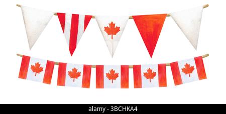Festliche Kollektion mit Elementen des Canada Day. Herzen mit kanadischen Flaggen, Ahornblättern, Bändern und festlichen Girlanden in Rot und weiß. Handbemalt Stockfoto