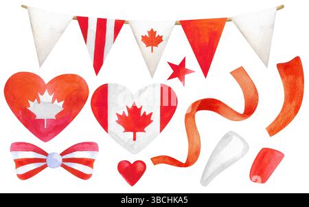 Festliche Kollektion mit Elementen des Canada Day. Herzen mit kanadischen Flaggen, Ahornblättern, Bändern und festlichen Girlanden in Rot und weiß. Handbemalt Stockfoto