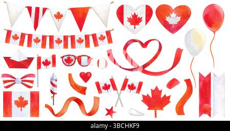 Festliche Kollektion mit Elementen des Canada Day. Herzen mit kanadischen Flaggen, Ahornblättern, Bändern und festlichen Girlanden in Rot und weiß. Handbemalt Stockfoto