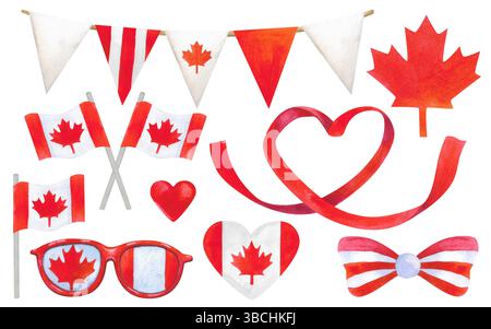 Festliche Kollektion mit Elementen des Canada Day. Herzen mit kanadischen Flaggen, Ahornblättern, Bändern und festlichen Girlanden in Rot und weiß. Handbemalt Stockfoto